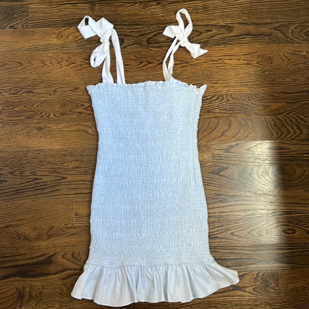 Rebecca Vallance White Smocked Mini Dress with Ruffle Hem